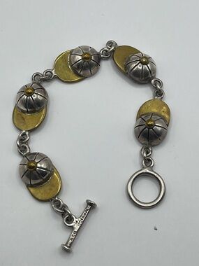 MEXICO 925 Silver Vintage Two tone Baseball Cap Link Chain Bracelet